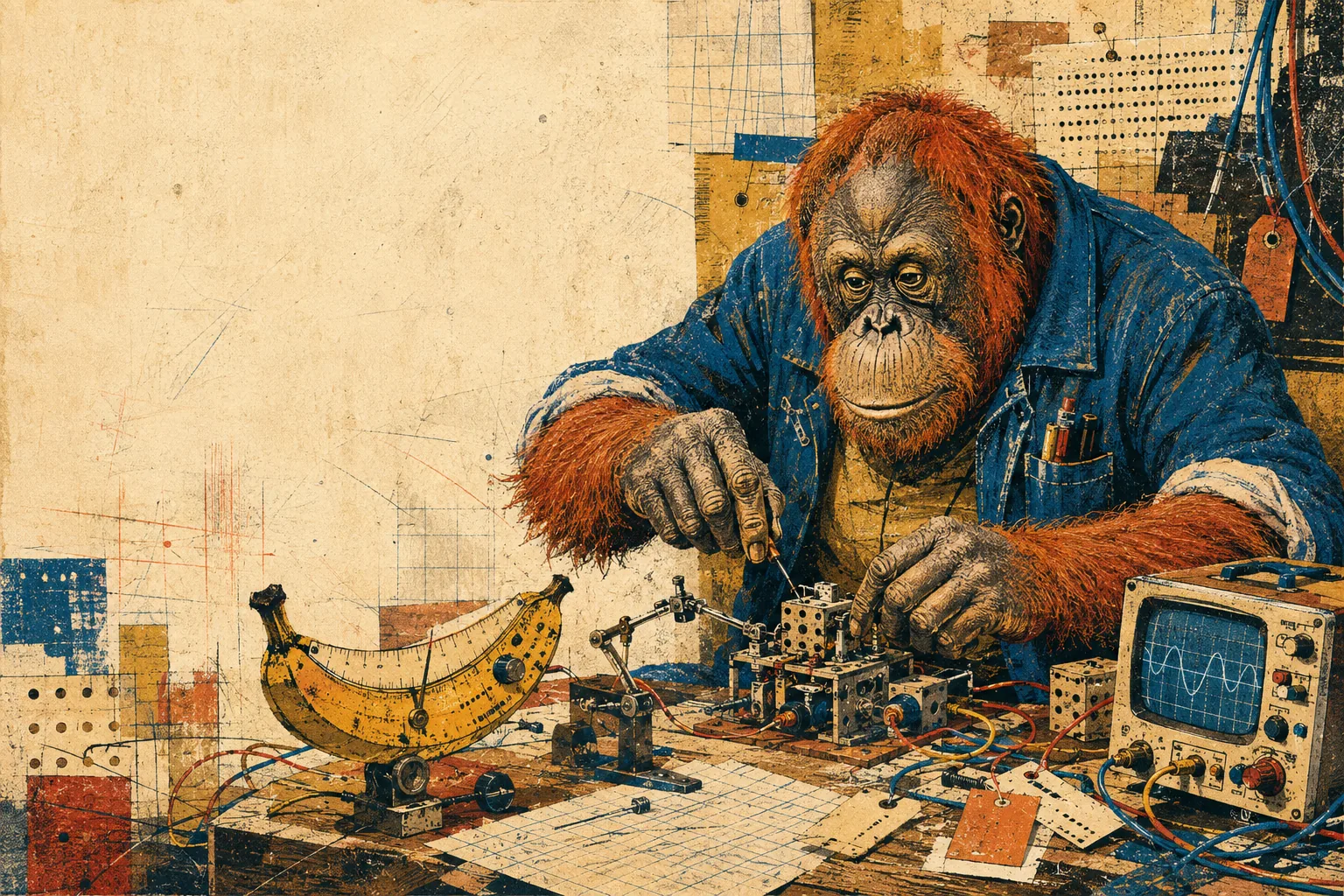 A risograph-style orangutan engineer testing a banana-shaped instrument at a cluttered workbench.