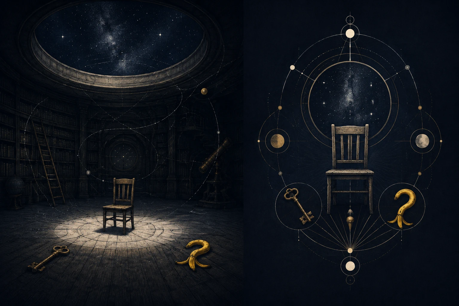 A dark observatory and a celestial diagram centered on an empty wooden chair, with a brass key and a question-mark-shaped banana peel.